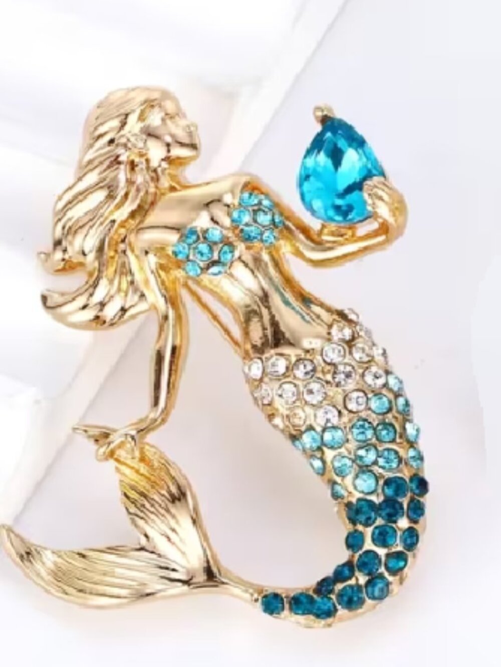 Colorful Goldtoned Vintage Style Blue Mermaid Cubic Zirconia Ocean Theme Brooch